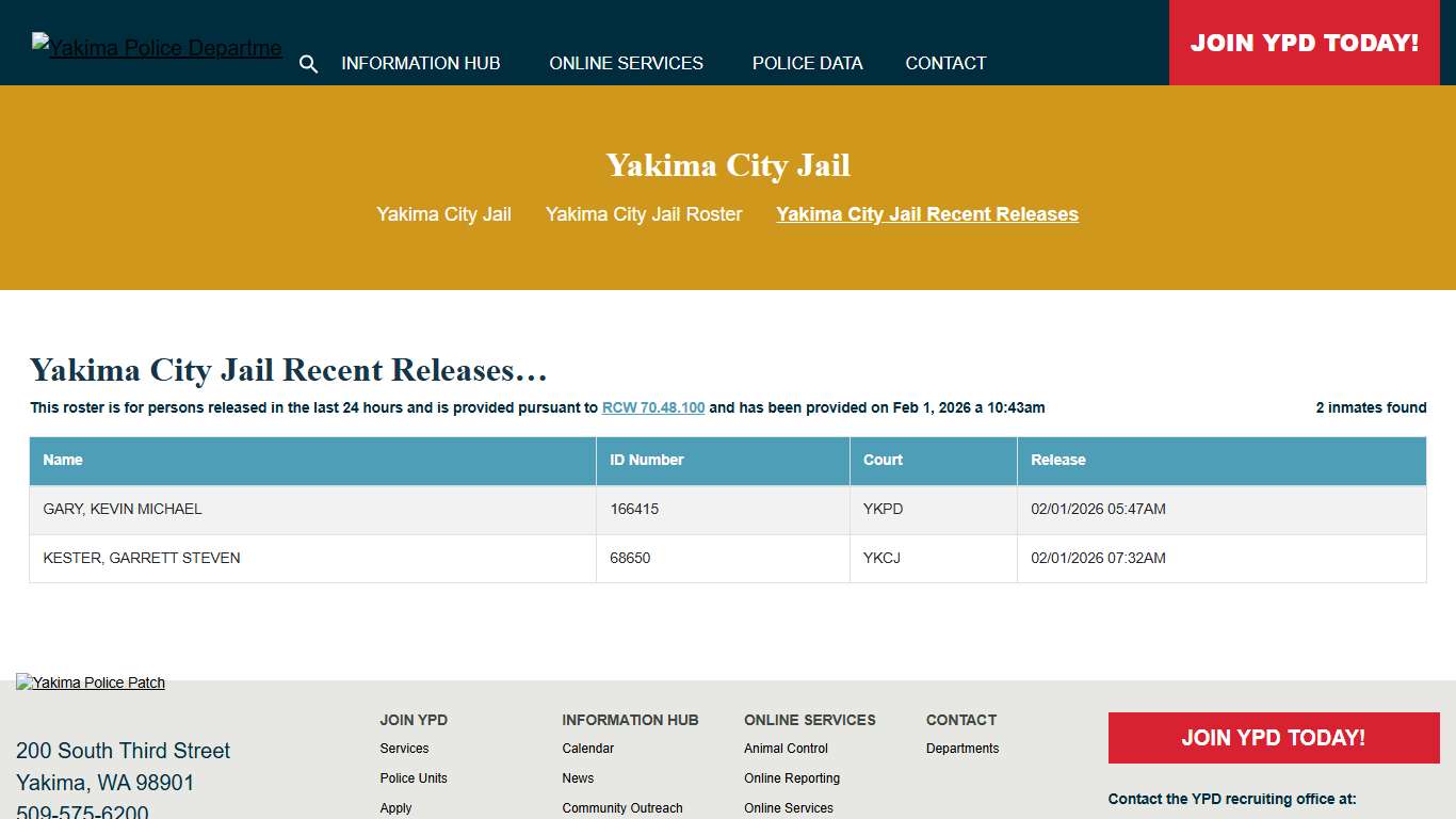 Yakima City Jail Recent Releases Yakima Police Department